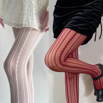 Collants résille en dentelle Sexy pour femmes, Style Lolita, Design ajouré, bas en soie rouge JK, taille haute, collants rayés, cadeaux de noël