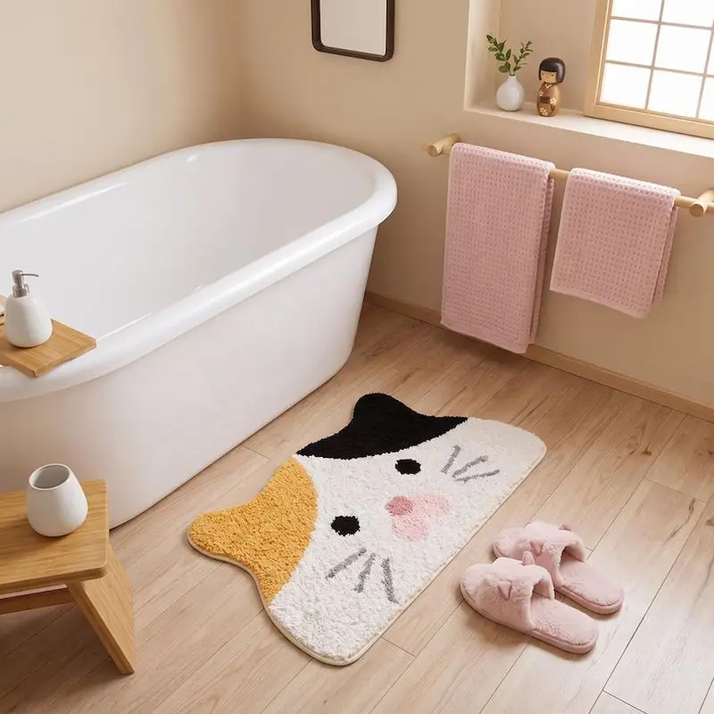 VIKAMA Cute Cat Face Shaped Bath Mat Water Absorbent Non Slip Washable Irregular Cartoon Kitten Bathroom Home Decor Rug