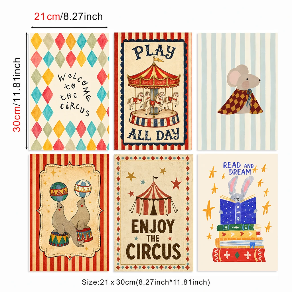 Set of 6 Vintage Circus Animal Canvas Poster Carousel Mouse Seal Rabbit Quote Nursery Wall Decor Home Bedroom Living Wall Art