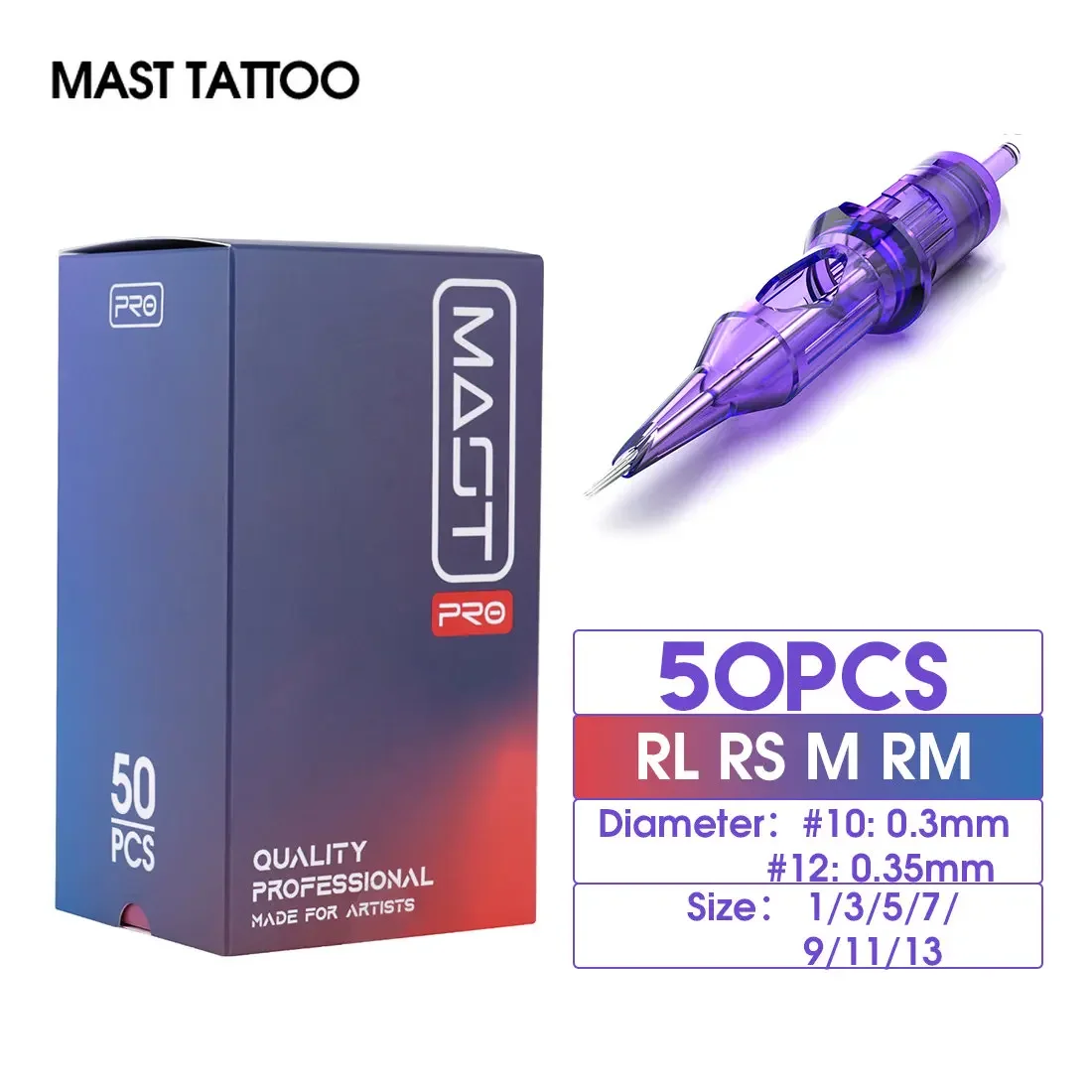 Mast Tattoo PRO cartucho de agujas esterilizadas, suministro permanente para máquina de tatuaje, tamaño mixto RL/RS/RM/M, 0,3mm/0,35mm, 50 unids/lote por caja