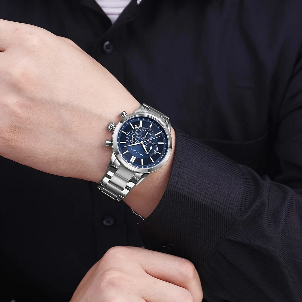 MINI FOCUS 0188 Men Quartz Watches Blue Business Simple Fashion Date Analog Display Stainless Steel Strap Wristwatches for Male