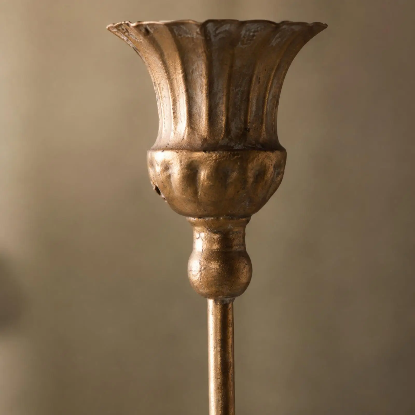 Ornate Metal Candle Holder Tall Stem Round Base for Entryway Decor