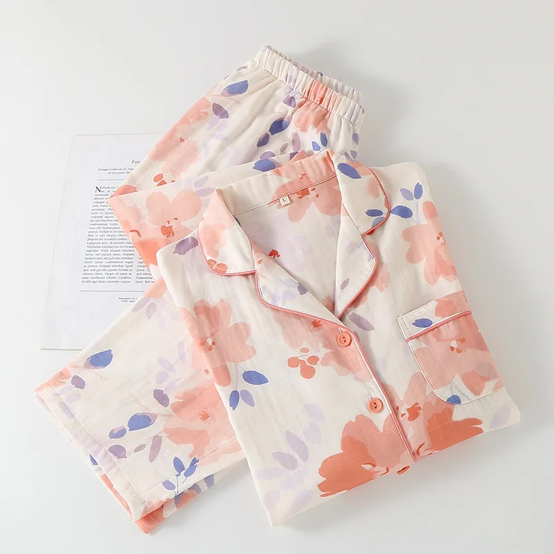 

Новая весенне-осенняя тонкая хлопковая пижама для женщин из чистого хлопка, двухслойная марля, японский воротник, длинный рукав, длинные брюки, домашняя одежда