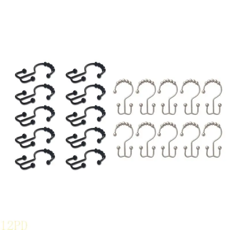 12PD Set of 10 Shower Curtain Hooks Metal Rusts Resistant Double Rings with Smooth Rolling Beads for Bathroom Curtains Use