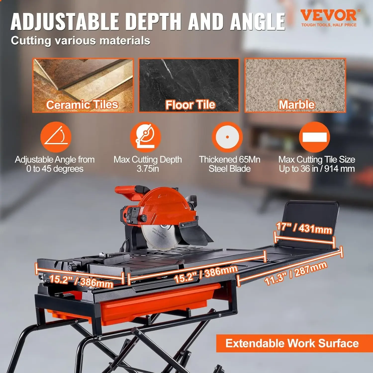 Wet Tile Saw with Stand - 10-inch 65Mn Steel Blade, 4500 RPM Motor, Water Reservoir, Caster Wheels, 0-45 Degrees Miter Angle