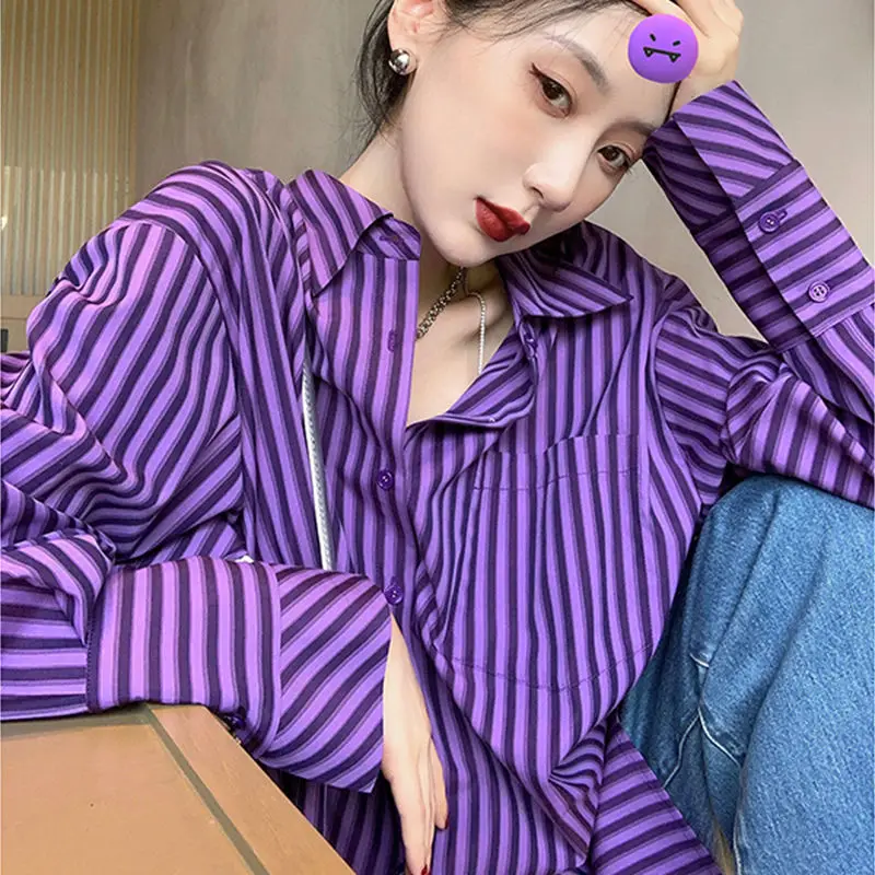 Sexy Women\'s Streetwear Vintage Striped Long Sleeve Shirt Female All-match Casual Buttons Turn-down Collar Purple Loose Blouse