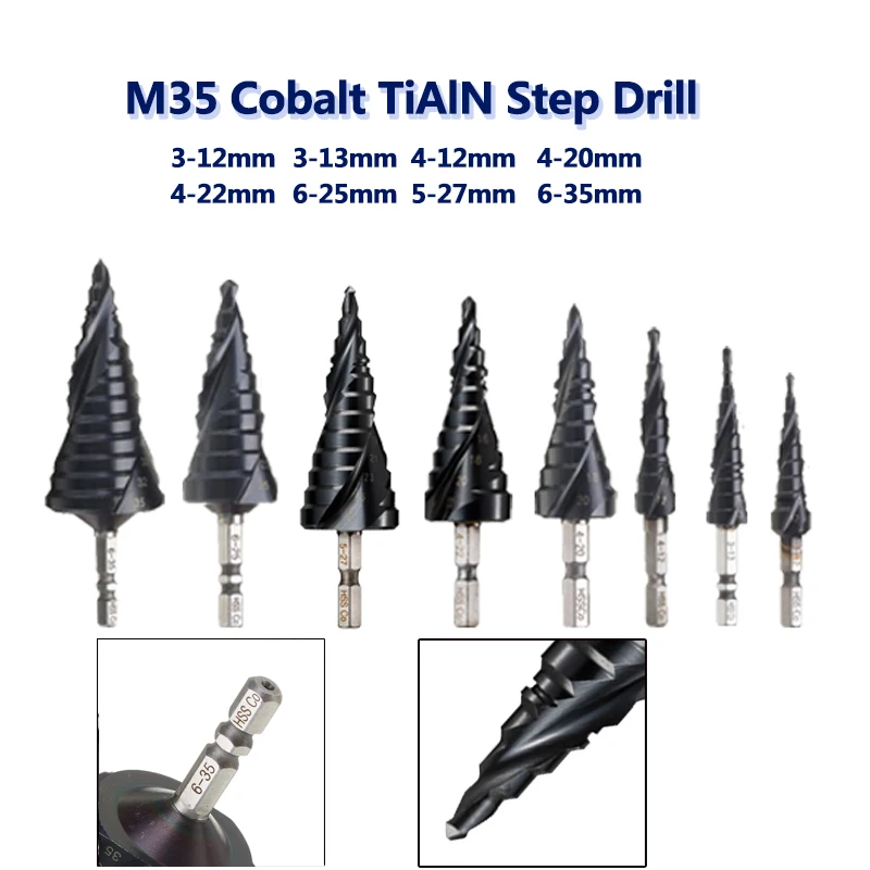 

CO M35 TiALN HSS 3-13mm HRC89 Hex Shank Spiral Groove Step Drill Bit for Stainless Steel Metal Hole Saw Tool