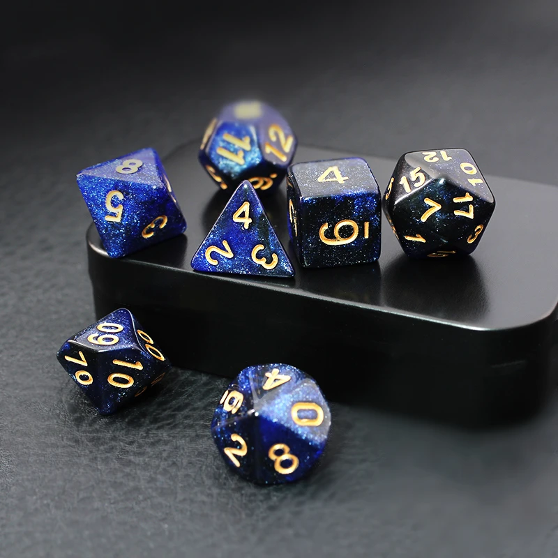 7Pcs/Set Black and Blue Starry Sky Dice D&D COC Dice D4 D6 D8 D10 D% D12 D20 Table Games DND RPG Dice Set