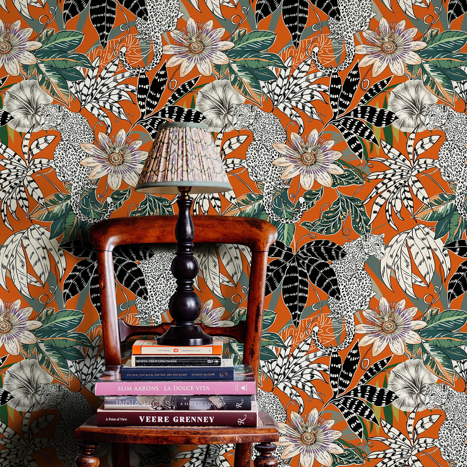 Orange Botanical Floral Wallpaper Vinyl Peel And Stick Room Decor Wallpaper Black Flowers PVC Durable Home Cabinet Stickers