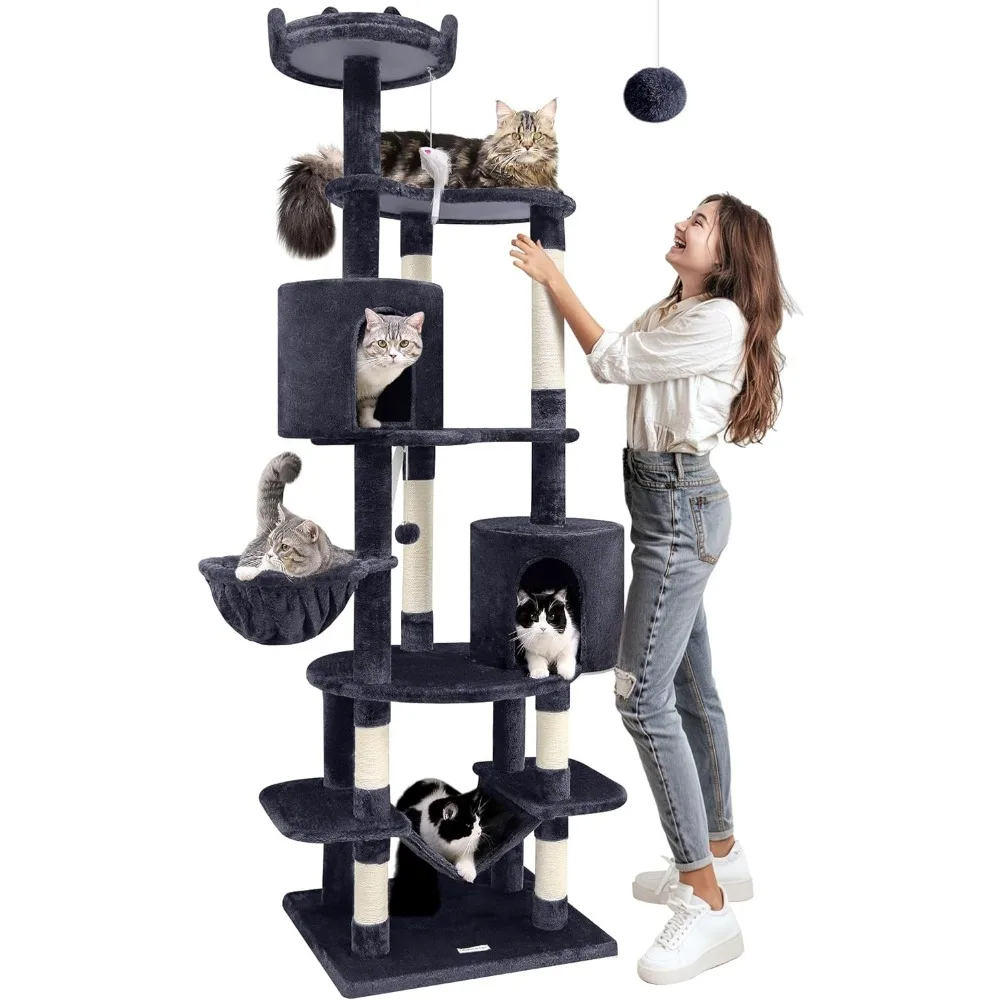 Torre alta de árvore para gatos grandes |   Centro de atividades multinível de 81 pol. para casas multi-gato com rede, poleiros aconchegantes