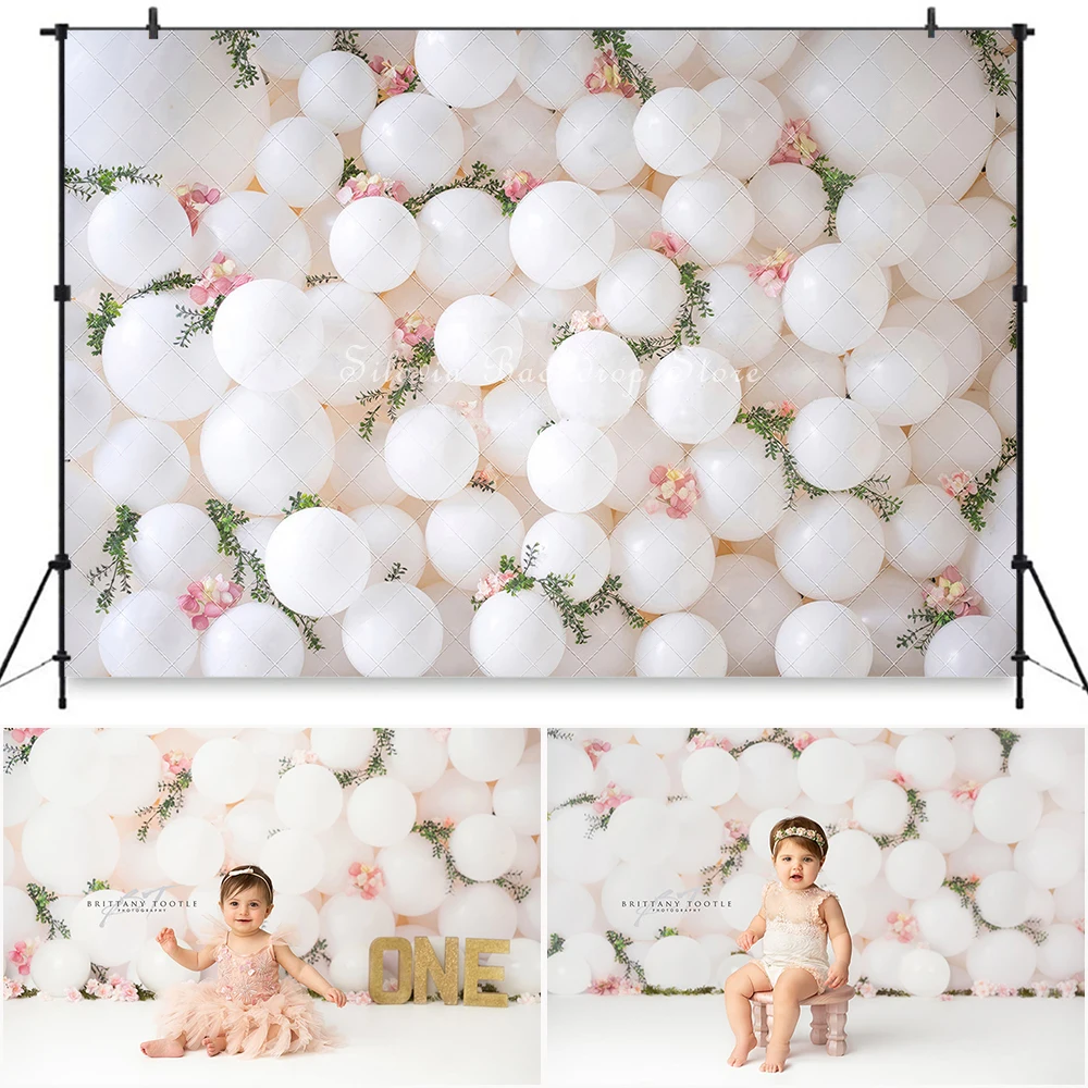 

White McKenna Balloon Wall Photo Background Flowers Decor Children Birthday Cake Smash Photography Backdrop Photo Studio Props