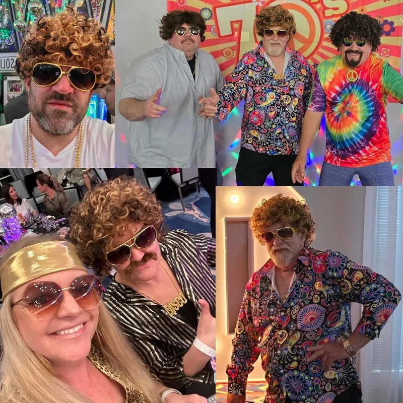 70s 80s Disco Costume Wig Set-Afro Curly Wig with Mustache Sunglasses & Disco Necklace,Halloween Party Cosplay Outfit Accessory view 3