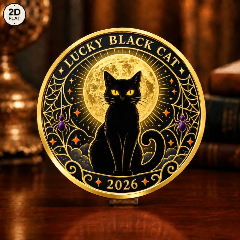 1pc Gothic Halloween Lucky Black Cat Challenge Coin Witch Cauldron Pentagram Metal Collectible Medal Gothic Gift for Friends