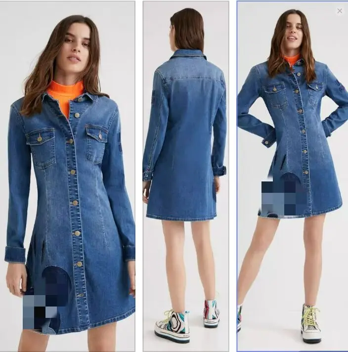 Foreign trade original single Spanish new patch elastic long sleeve denim dress