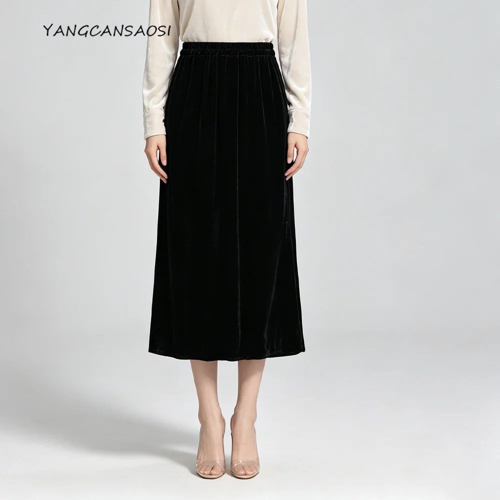 2026 Women's Autumn Clothing Extremely Simple Style Black 30% Natural Mulberry Silk Velvet High Waist Straight Tube Skirt