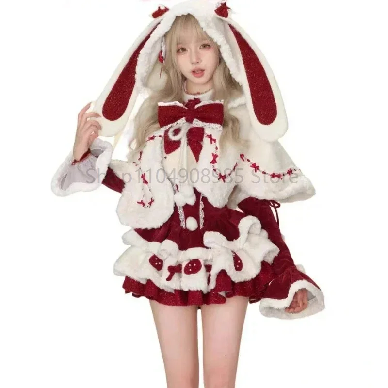 

Winter Christmas Lolita 2 Piece Sets Women Kawaii Plush Bunny Ear Hooded Cloak Coat Bow Mini Dresses Sweet Suit