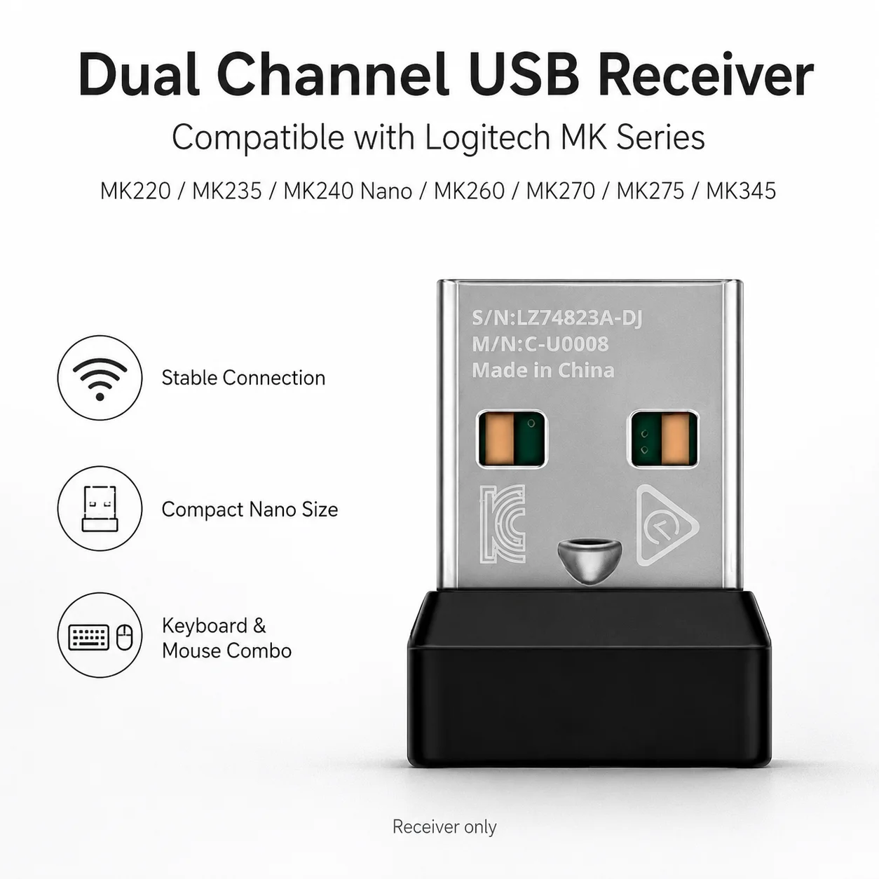 Dual Channel USB Receiver for Logitech MK220 MK235 MK240 Nano MK260 MK270 MK275 MK345 Wireless Keyboard Mouse Combo Adapter