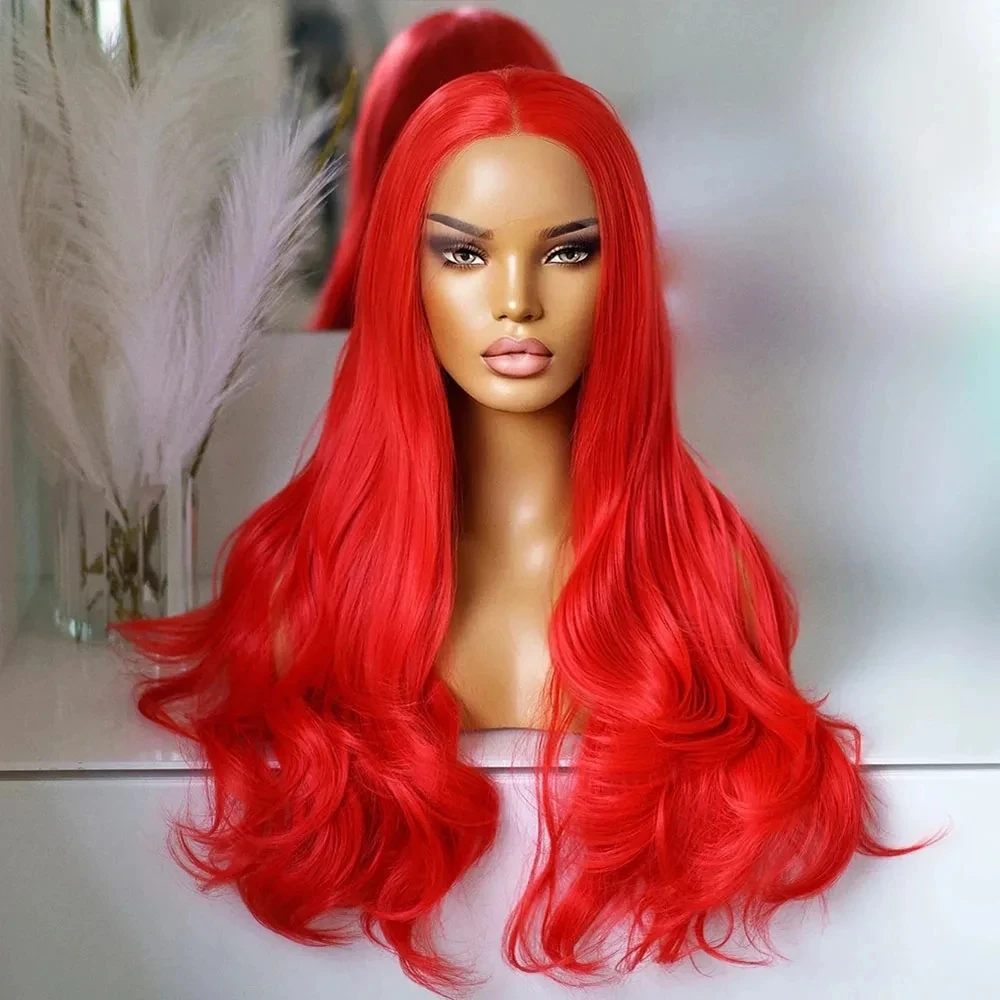 ZXBMALWIGS Hot Red Color 13x4 Synthetic Hair Glueless Lace Front Wigs For Women Body Wave  Lace Frontal Wig Fiber Cosplay Daily