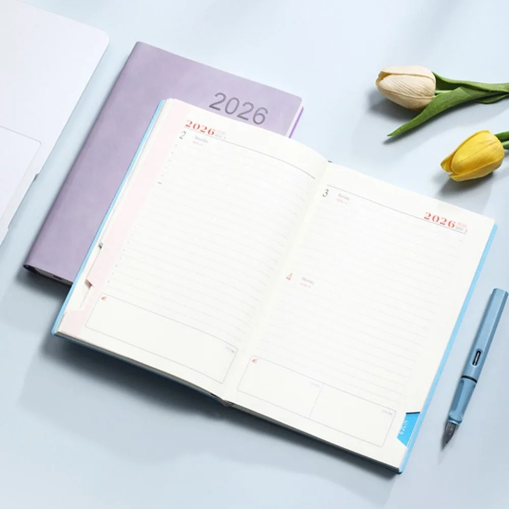 A5 2026 365-Day Schedule Notebook with Ribbon Bookmark PU Leather Cover Schedule Planner Notepad Wear-resistant Thick Paper