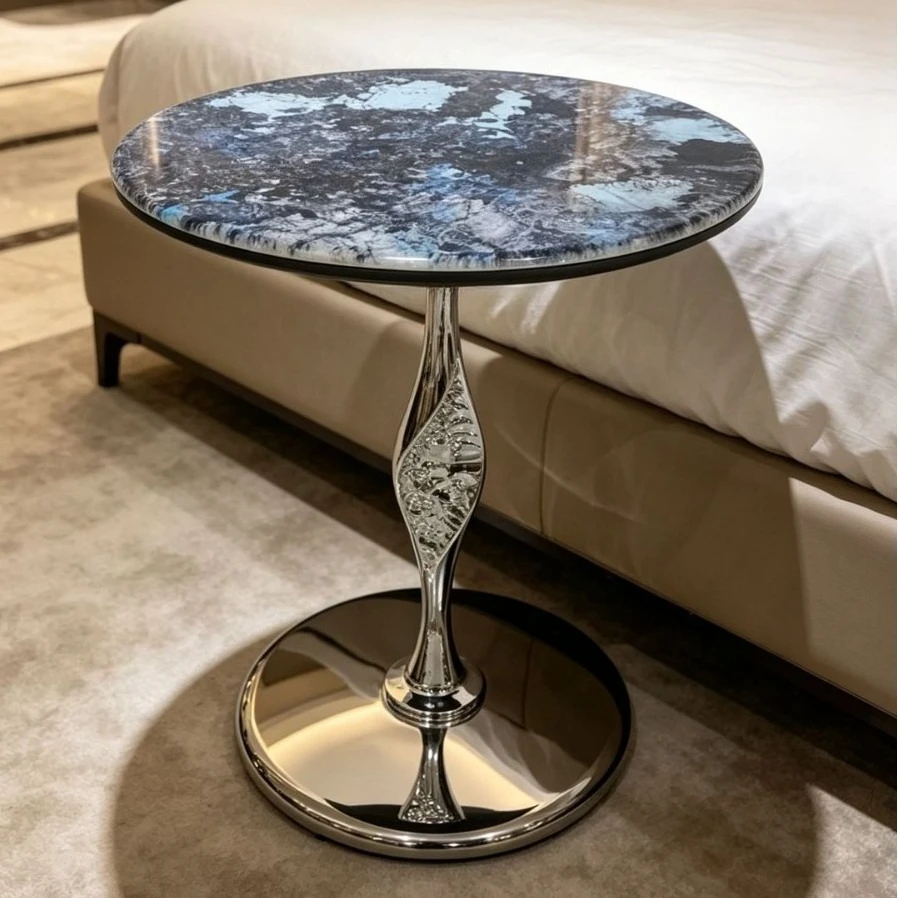 Modern Minimalist Luxury End Table, Marble Pattern Microcrystalline Stone Round Side Table, Small Coffee Table