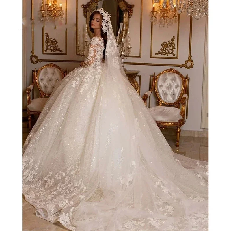 Vintage 2025 rendas vestidos de casamento princesa vestido de baile miçangas vestidos de noiva shinny tule mangas compridas marfim dubai vestido de casamento