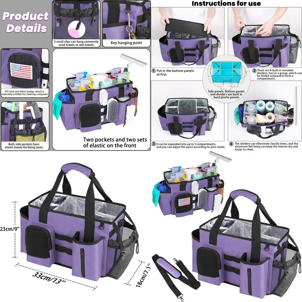 

Портативная сумка для чистки с регулируемым ремнем, органайзер для домашних принадлежностей (фиолетовый, 13,4 x 7,3 x 9,3)