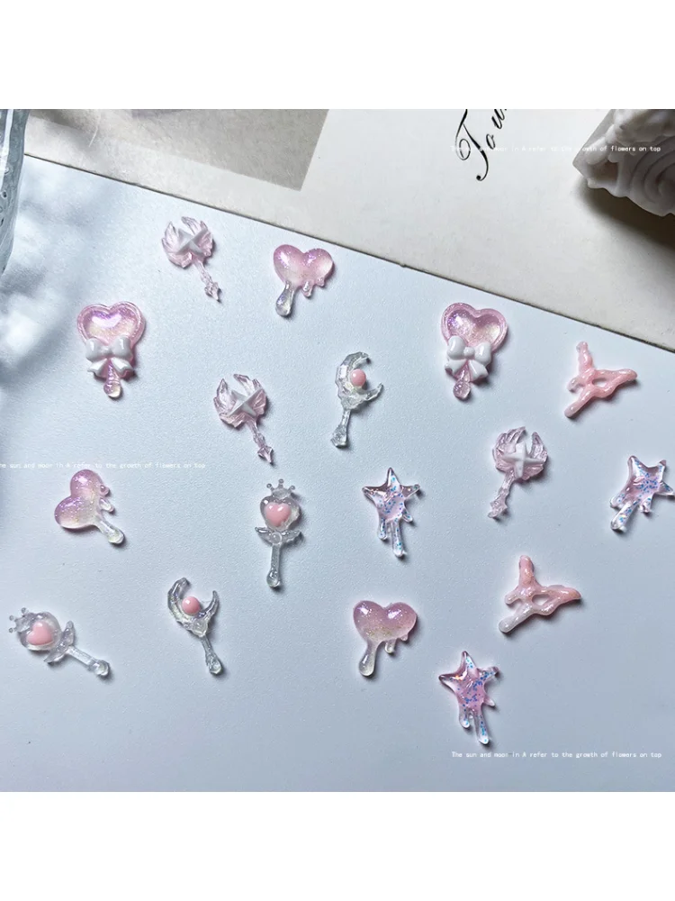 20 sztuk 3D koreański Kawaii różowa żywica ozdoby do paznokci Charms japońskie serce/magiczna różdżka biżuteria do paznokci dżetów dekoracje akcesoria DIY — zdjęcie 2