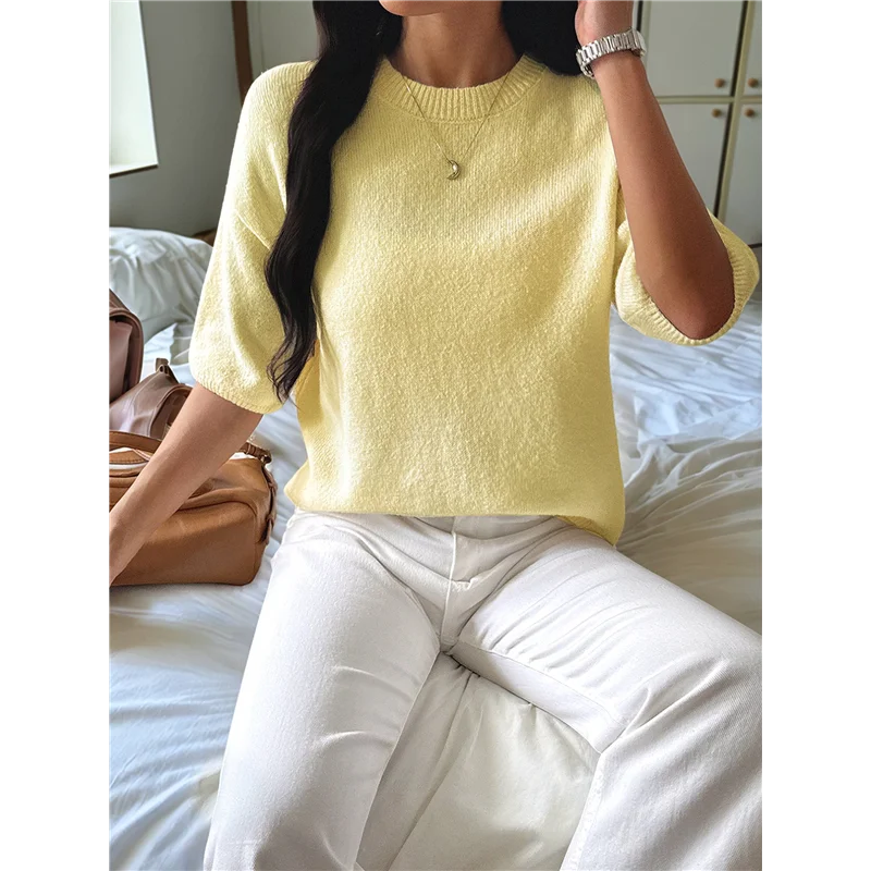 เสื้อผู้หญิงแขนสั้นคอกลม ผ้าบางเบา สวมหัวทรงหลวม สไตล์ลำลอง เรียบง่าย เหมาะสำหรับฤดูร้อน