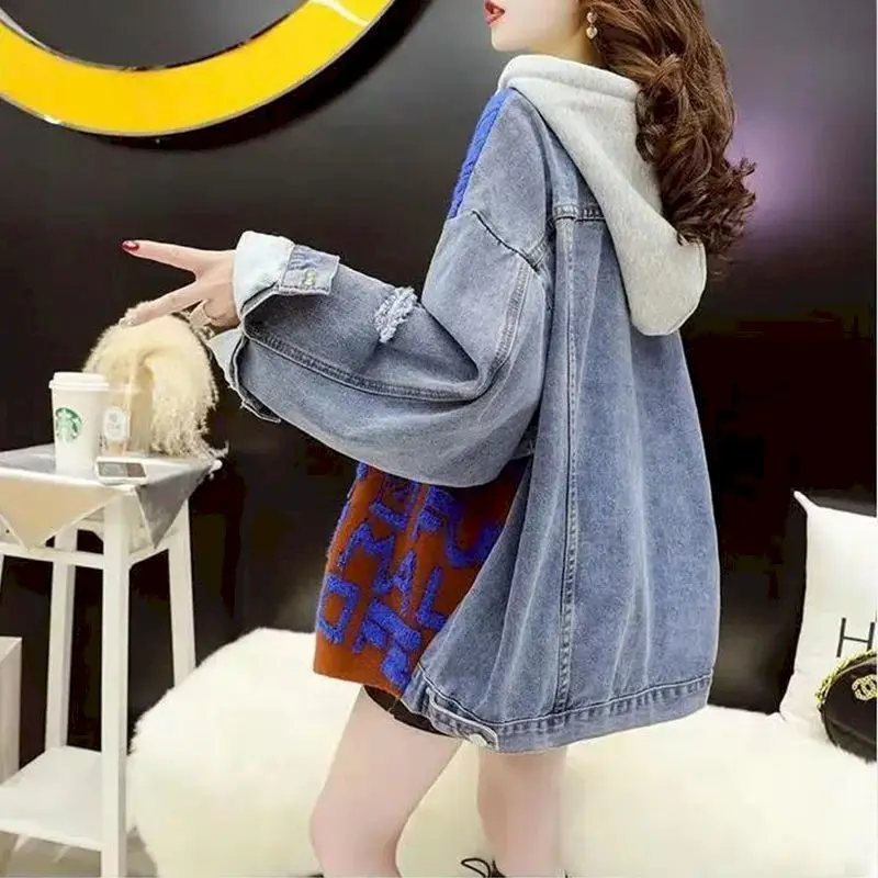 Sweat à capuche surdimensionné femmes mode à capuche Denim couture manteaux 2025 automne hiver tendance mi-longue vêtements chauds tricoté à capuche femme
