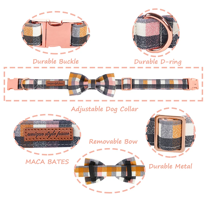 Personalized Fall Plaid Dog Collar with Bowtie Winter Dog Collar Adjustable Puppy Dog Collar for Large Medium Small Dog