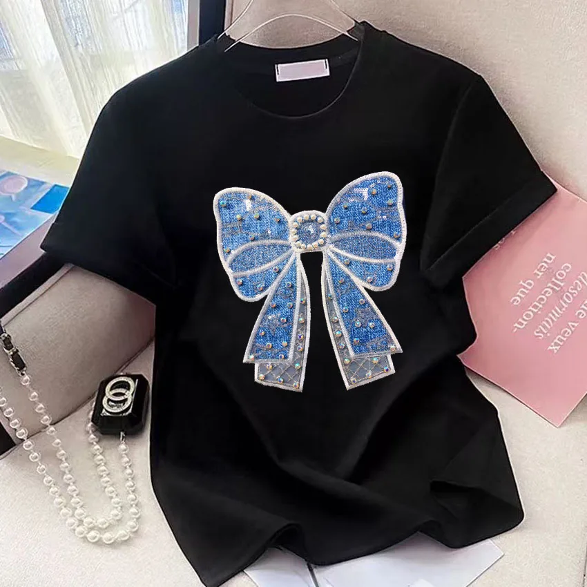 Women's Short Sleeve Round Neck T-Shirts Casual Cartoon Tshirt  Oversized Baggy Tees Y2K Patchwork Tops Hot Drill Summer Fashion
