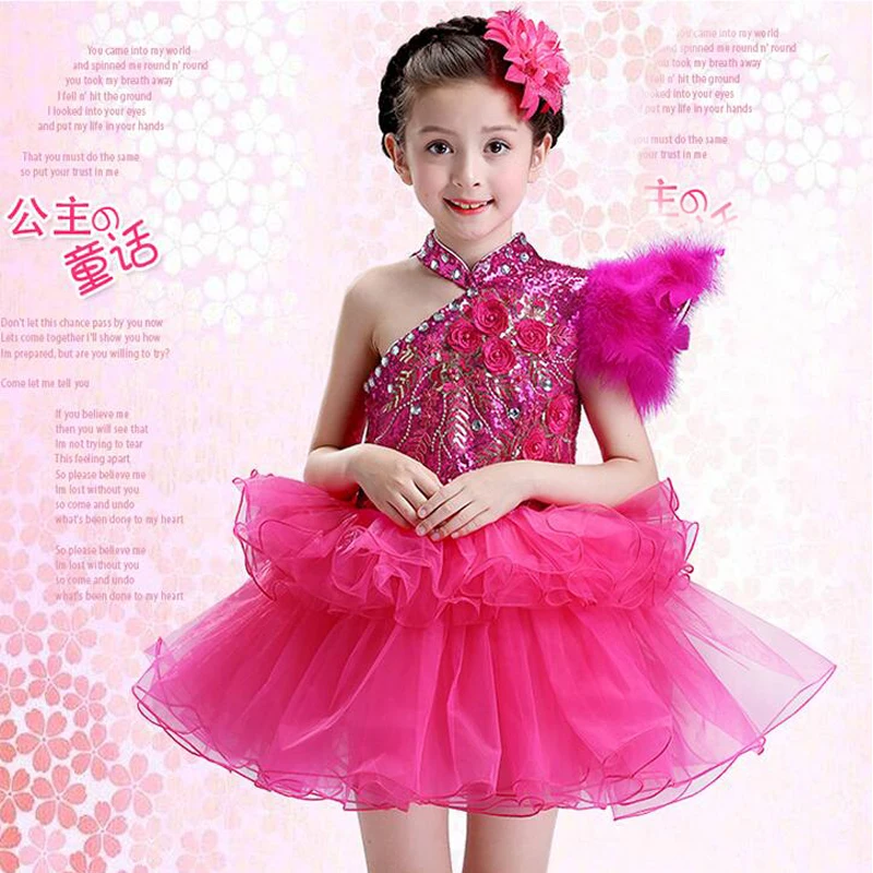 Abbigliamento da concerto per bambini vestiti da ballo con paillettes vestito con spalle scoperte ragazze Costume da ballo Jazz abbigliamento da palcoscenico vestito da principessa per bambini