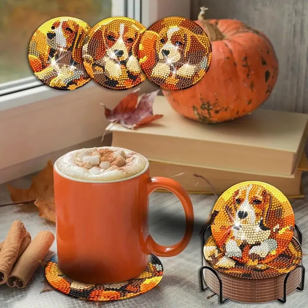 8 pieces/set of animal puppy diamond painting coaster set, DIY coaster with holder for beginners, art and craft gift