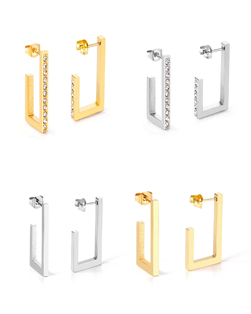 Bulk Stud Earrings Rectangle Shape Stainless Steel Hypoallergenic Fashion CZ Gold Color Earrings For Women Girl Jewellery