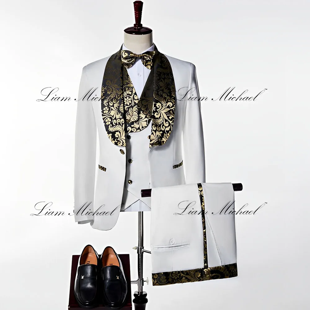 Smoking de marié de mariage imbibé blanc pour hommes, col bronzant, veste et pantalon, ensemble de trois pièces, robe de soirée formelle, XS-5XL