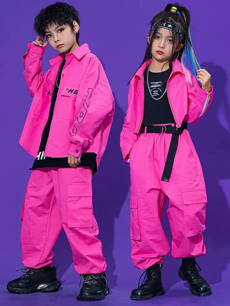 

Pink Hip Hop Dance Clothes For Kids Kpop Costume Tooling Coat Cargo Pants Girls Concert Group Hiphop Performance Outfit BL9485