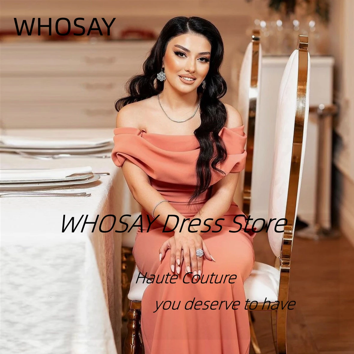 WHOSAY-vestidos de graduación con cuello barco para mujer, ropa elegante, vestidos largos fruncidos de dama de Honor, fiesta de boda, vestidos de noche con cremallera trasera