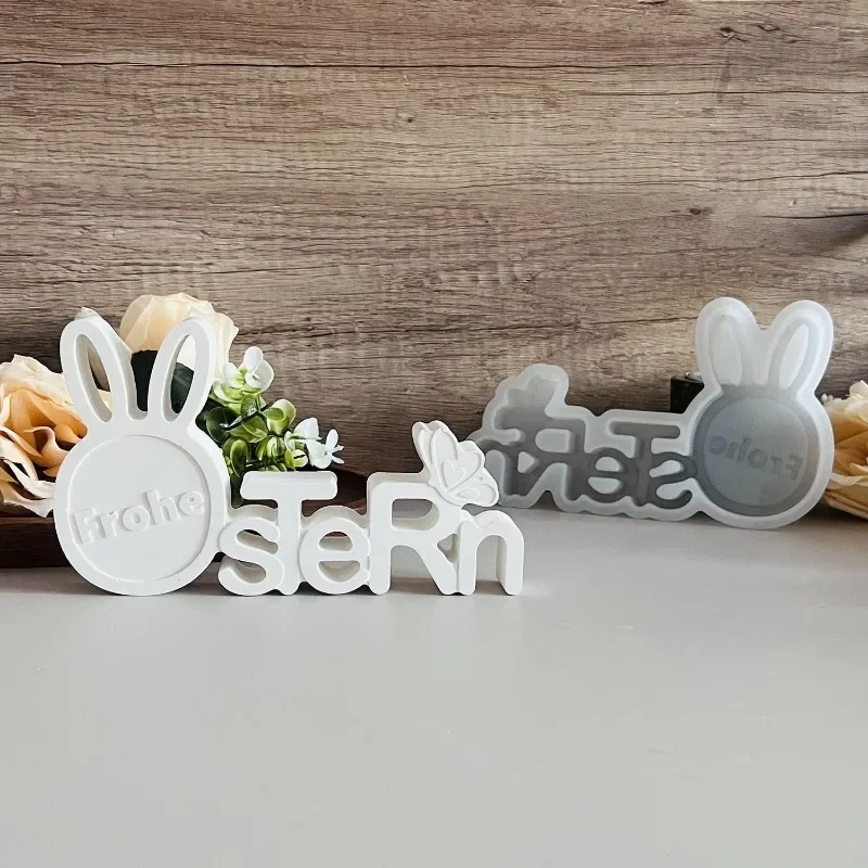 Easter Bunny Letter Decoration Silicone Mold Alphabet FROHE OSTERN Rabbit Ornament Casting Mold Happy Easter Cement Plaster Mold