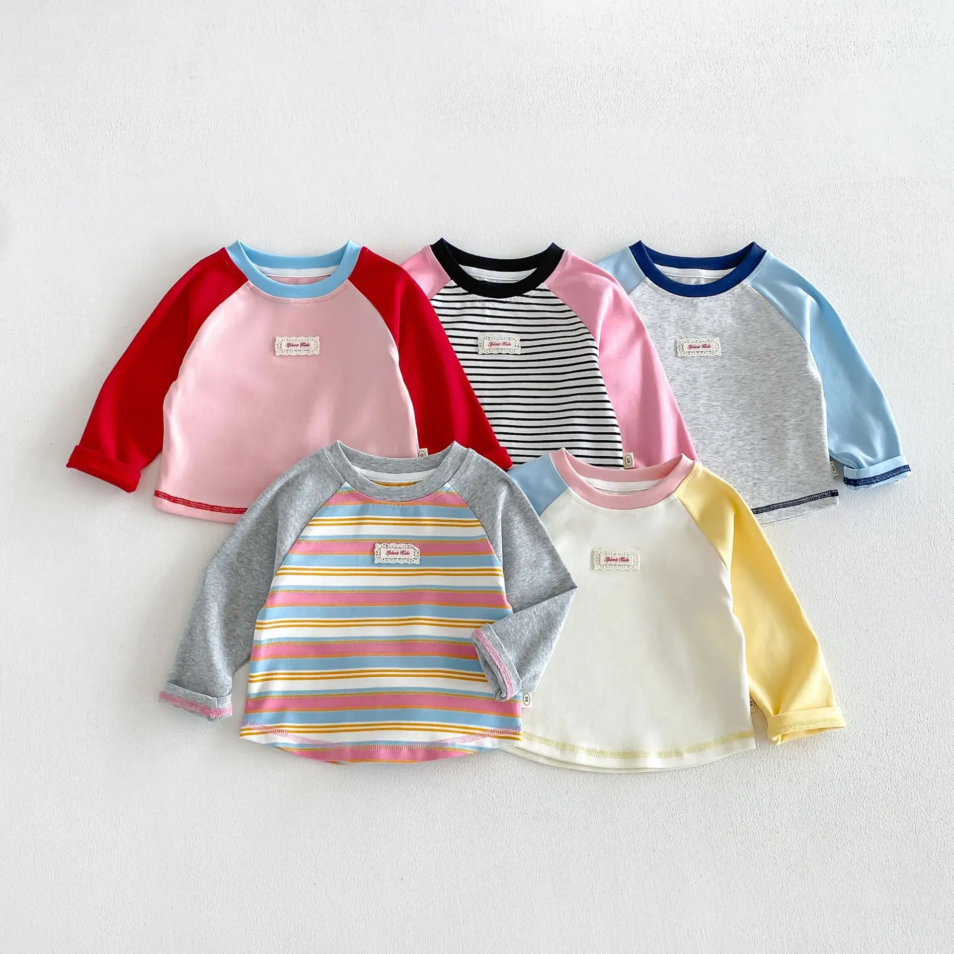 Autumn Kids Long Sleeve T-shirt Letter Patch Stripe Color Blocking Blouse for Girls Boys Soft Cotton Children Clothes
