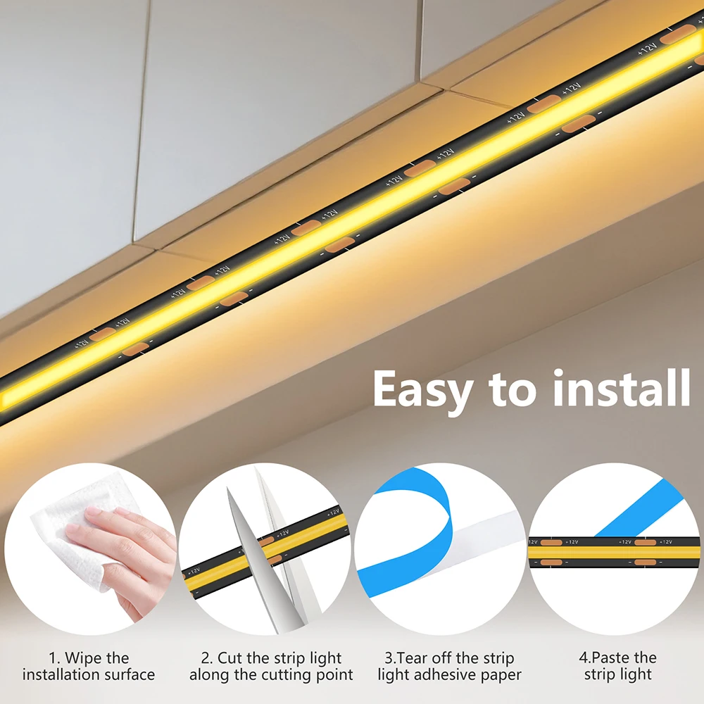 Tira de luces LED COB PCB negra de 12V 24V 3000K 4000K 6000K 320LED/m iluminación de alta densidad para gabinetes de cocina cinta flexible RA90 IP30