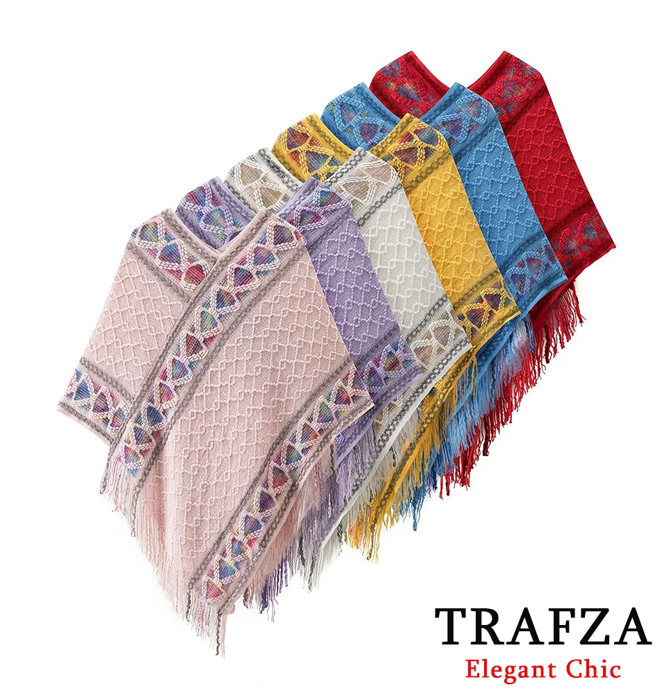 

TRAFZA Women Vintage Boho Knitted Shawl Cape Tassel Loose Cloak 2025 Spring Fall Fashion Elegant Casual Mujer Female Cape