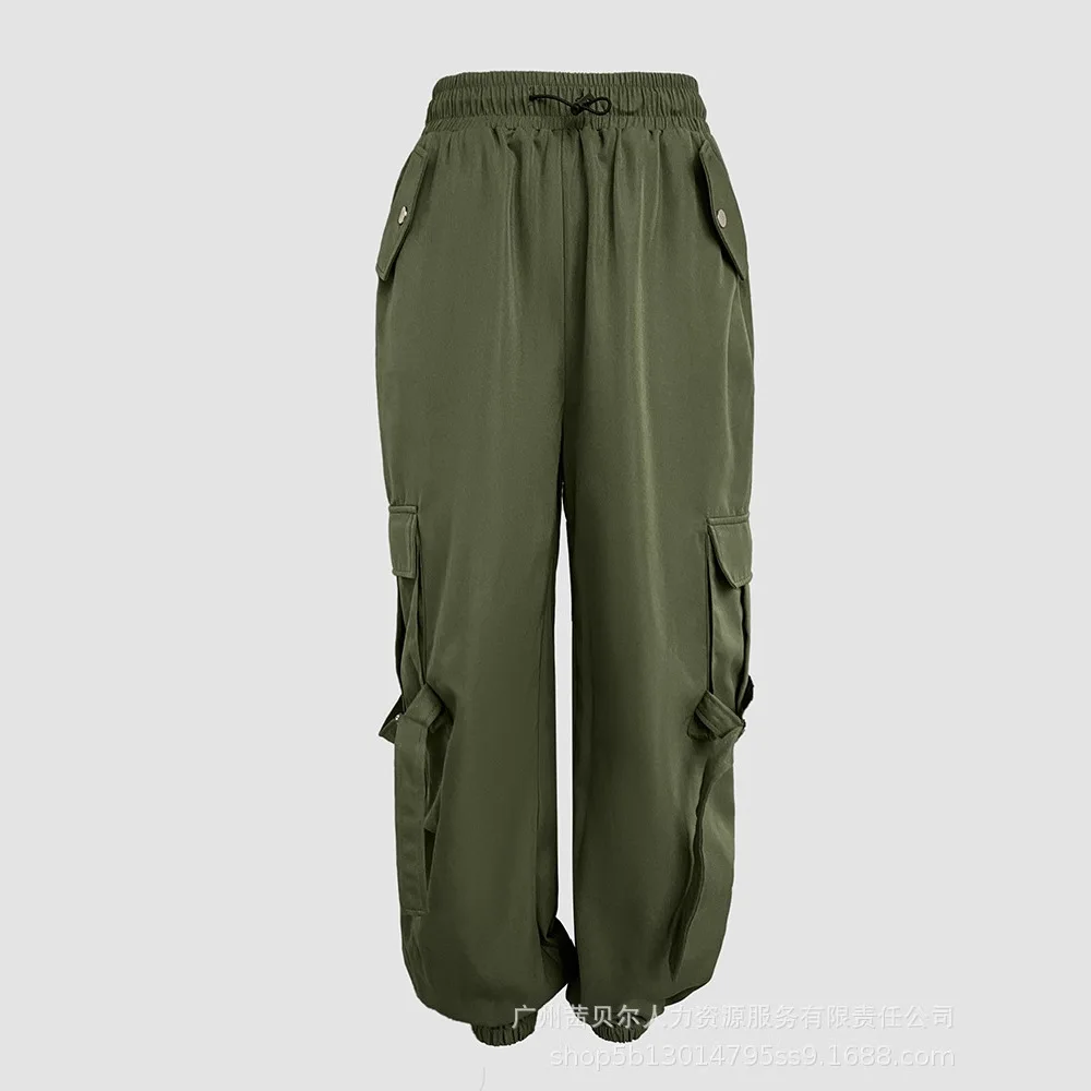 Mulheres simples bolsos laterais calças de carga ativa casual cintura elástica perna reta calças com punho moda verão