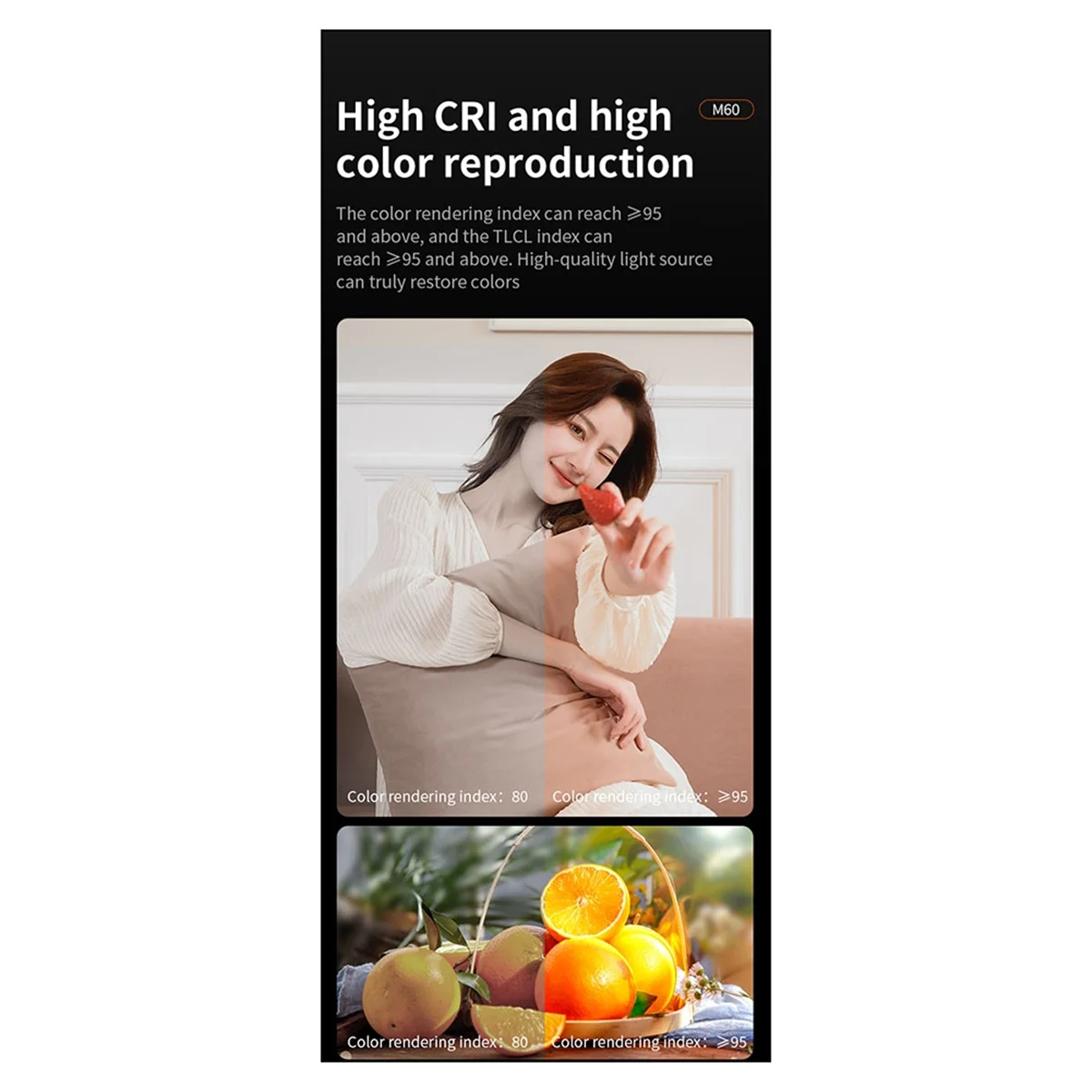 Compact M60 Handle Photo Studio Light COB Bi-Color CCT 2500-6500K CRI Greater Than Equal 95 TLCI Greater T