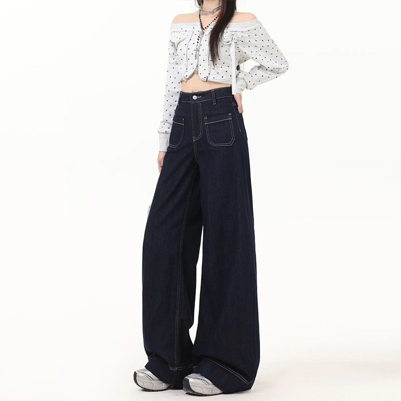 FINEWORDS Vintage Koreanische Verdicken Kaschmir Winter Jeans Frauen Casual Breite Bein Warme Jeans Streetwear Easymatch Hohe Taille Jeans