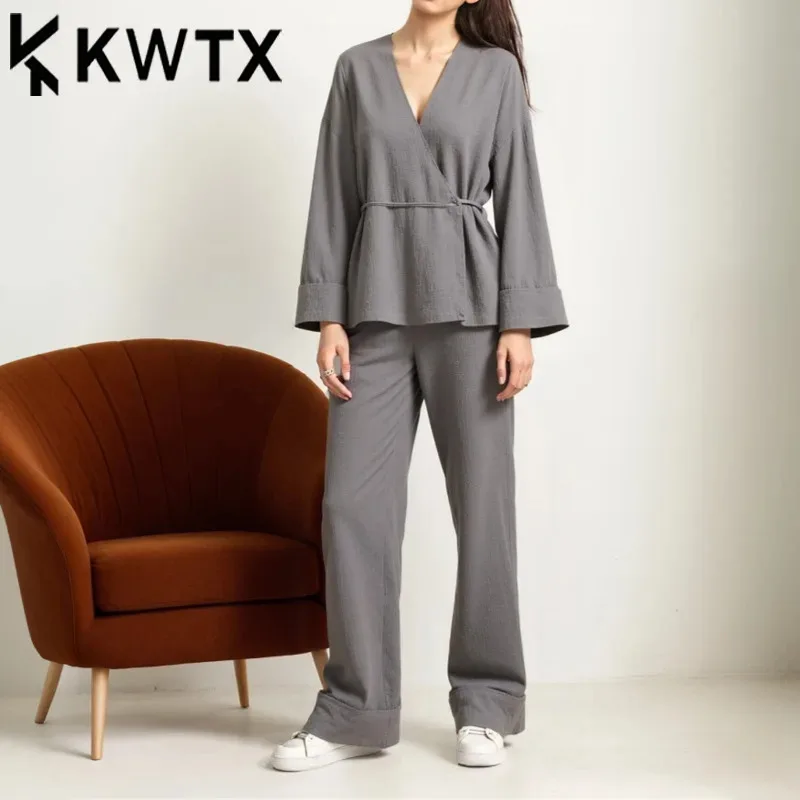 

KWTX 2025 Spring Summer Elegant Solid Color Jumpsuit Set V Neck Tie Up Top & Straight Pants Pocket High Quality