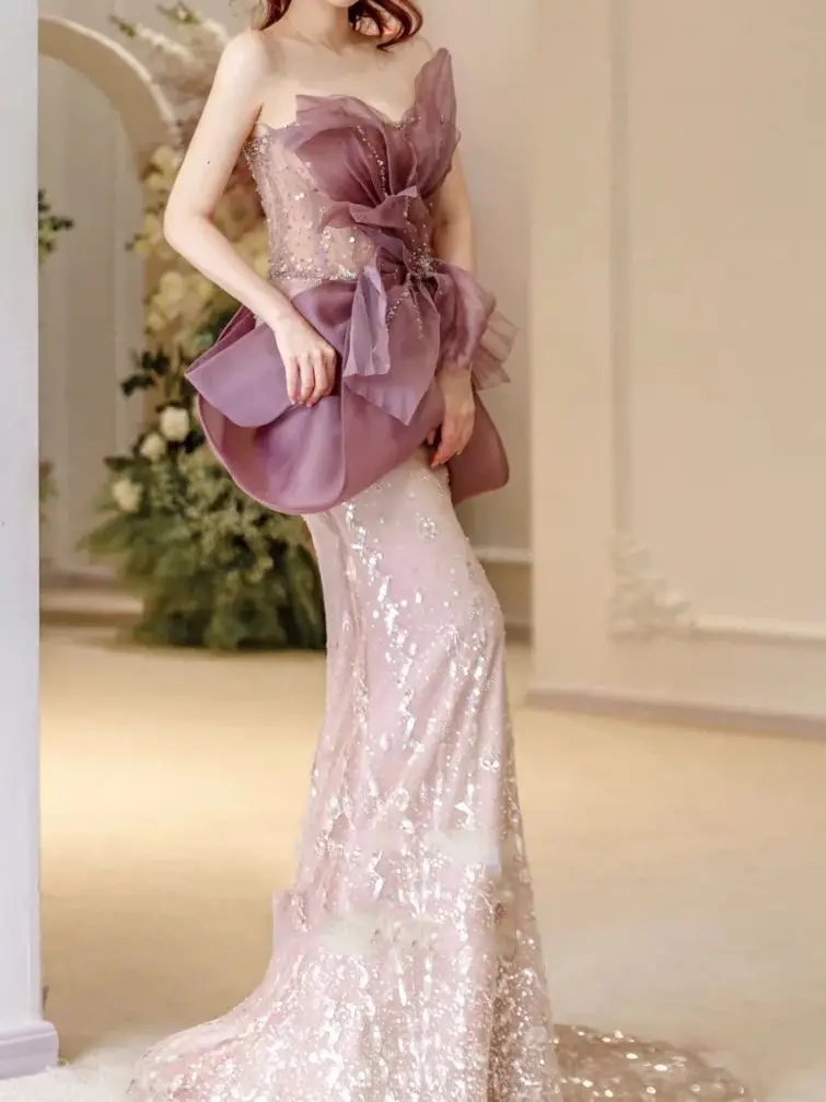 Purple Sequins Strapless Evening Party Dress Qipao Cheongsam Luxury Mesh Tailing Mermaid Formal Party Dress Sexy Split Vestidos