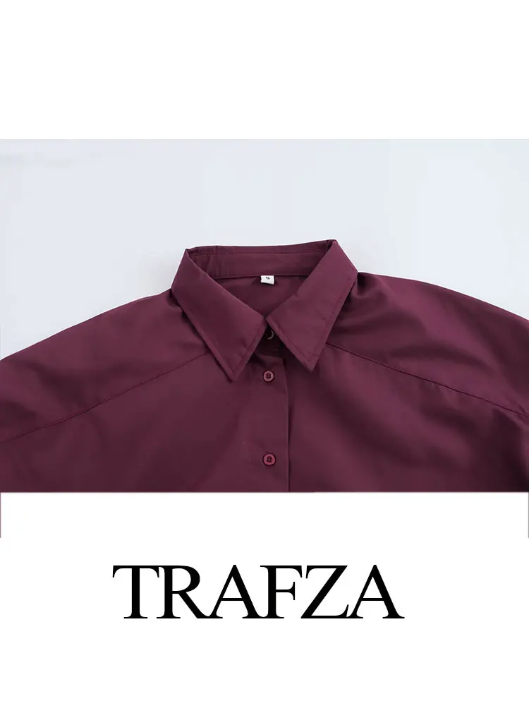 TRAFZA, Top holgado de manga larga con solapa y una hilera de botones para mujer, ropa de calle de otoño para mujer, camisa de manga raglán Borgoña a la moda Y2K