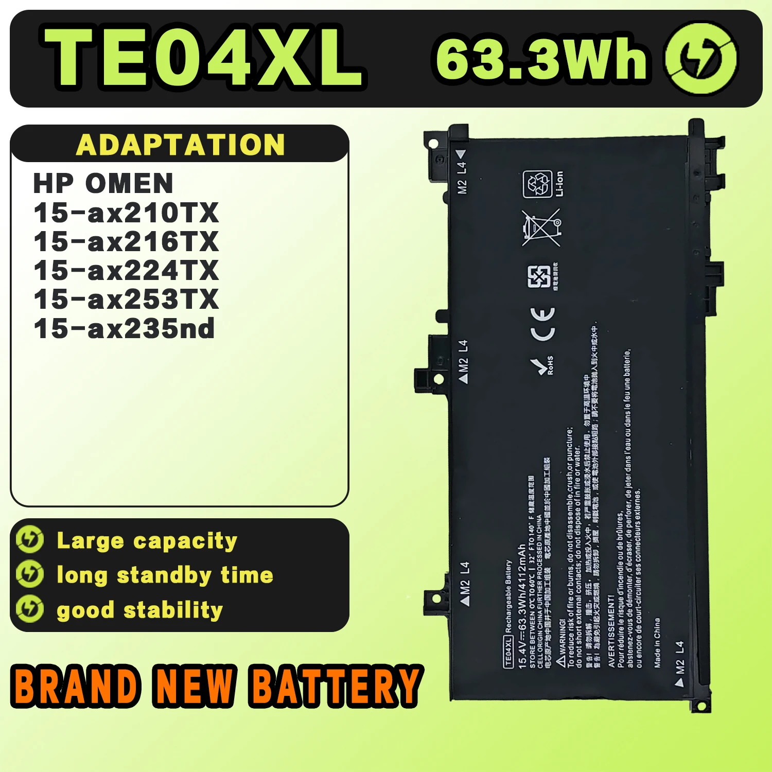 SAT TE04XL New Laptop Batteries Replacement For HP OMEN 15-ax210TX/216TX/224TX/253TX/235nd TPN-Q173 TE04 15.4V-63.3Wh-4112mAh