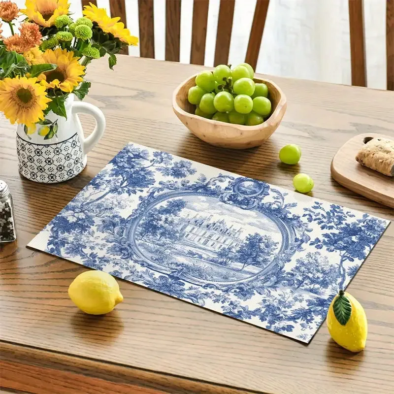 4pcs French Country Toile de Jouy Placemats - Elegant & Framed Print, Washable Table Mats Suitable for Dining Table