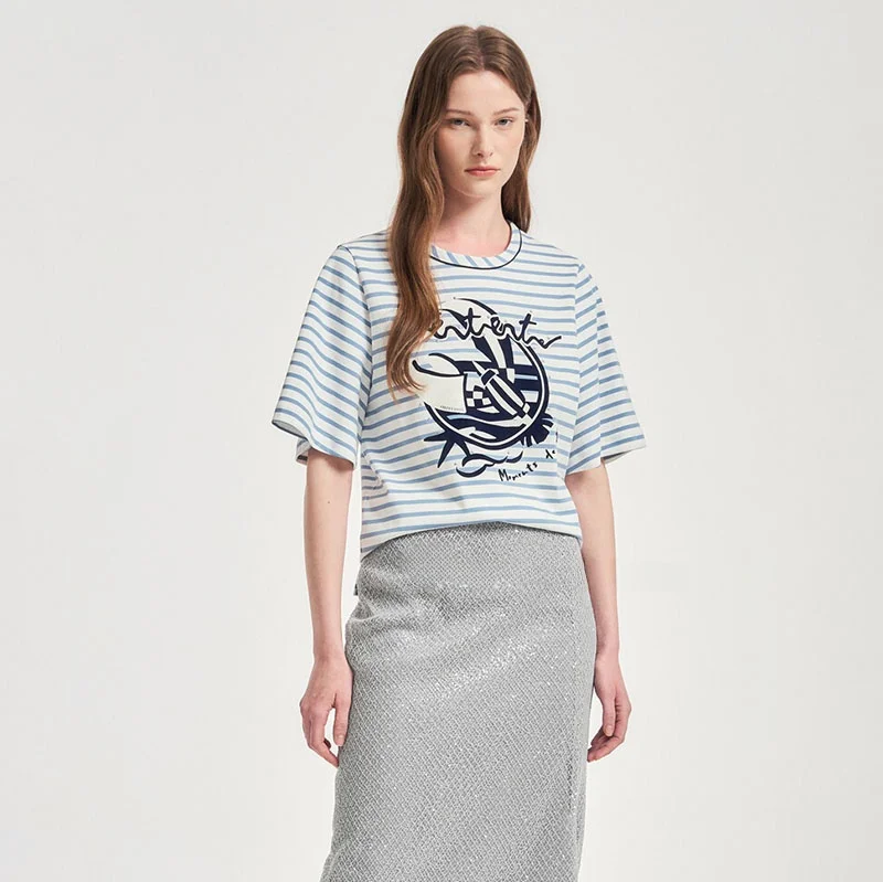 

Commuter Sle Slim Fit ort Sve T-irt round Ne Navy Stripe Letter Print Cotton Polyester Blend Women's Faion